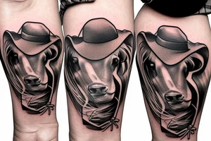 Cowboy looking down at baby calf with iron fence in the background tattoo idea