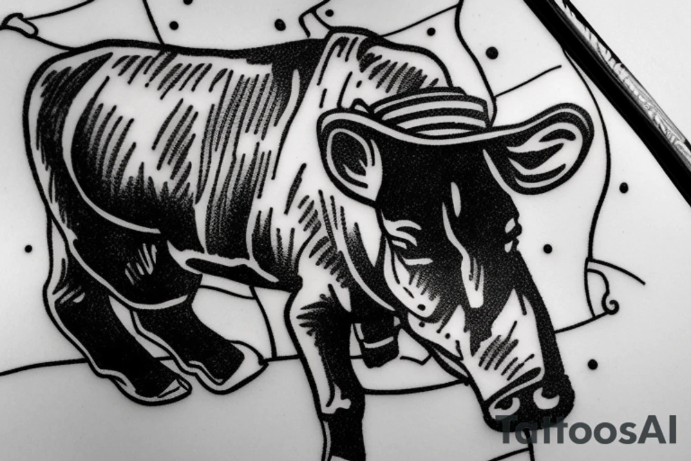Cowboy looking down at baby calf with iron fence in the background tattoo idea