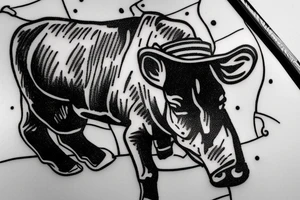 Cowboy looking down at baby calf with iron fence in the background tattoo idea