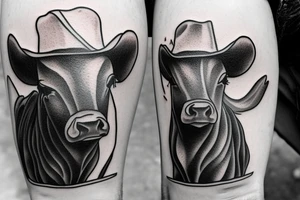 Cowboy looking down at baby calf with iron fence in the background tattoo idea