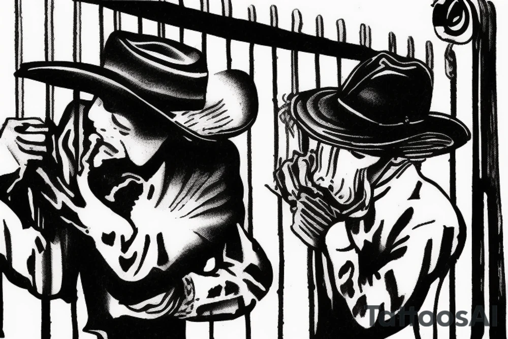 Cowboy looking down at baby calf with iron fence in the background tattoo idea