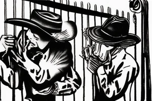Cowboy looking down at baby calf with iron fence in the background tattoo idea