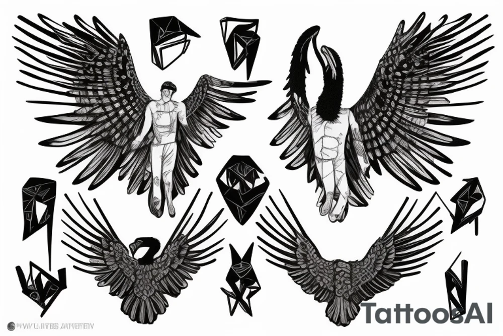 A statue of David with body fused into a vulture with squared off wings tattoo idea
