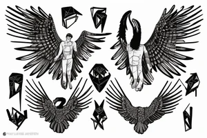 A statue of David with body fused into a vulture with squared off wings tattoo idea