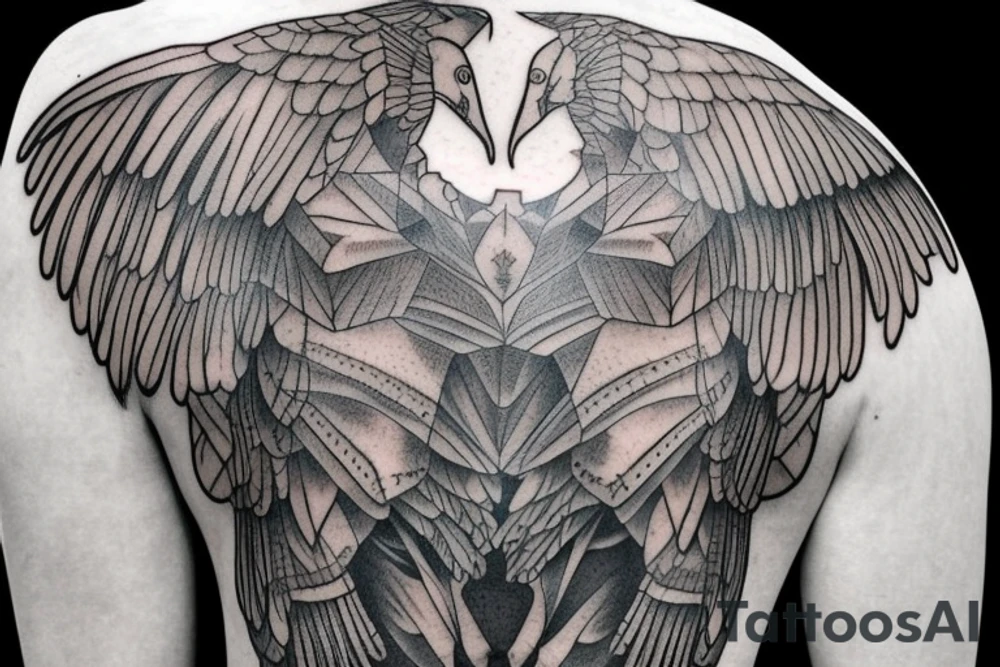 A statue of David with body fused into a vulture with squared off wings, line line, greyscale tattoo idea