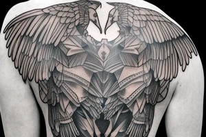 A statue of David with body fused into a vulture with squared off wings, line line, greyscale tattoo idea