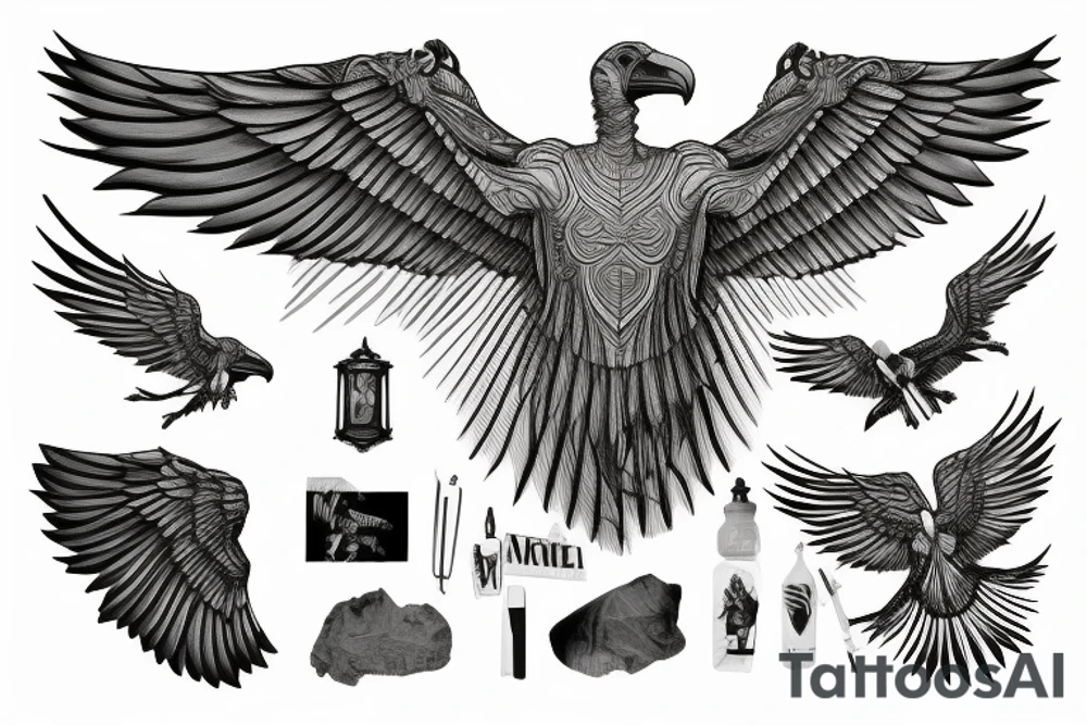 A statue of David with body fused into a vulture with squared off wings, line line, greyscale tattoo idea