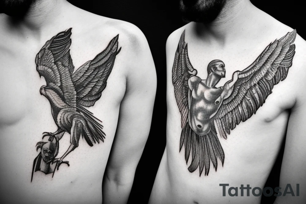 renaissance statue of David with body fused into a vulture with squared off wings, fine line, greyscale for forearm tattoo idea