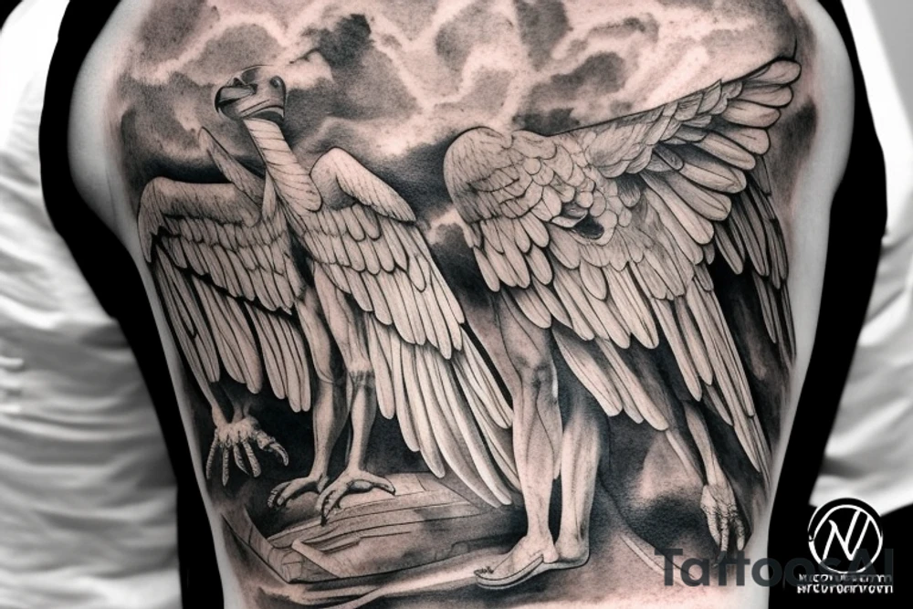 renaissance statue of David with body fused into a vulture with squared off wings, fine line, greyscale for forearm tattoo idea
