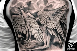 renaissance statue of David with body fused into a vulture with squared off wings, fine line, greyscale for forearm tattoo idea
