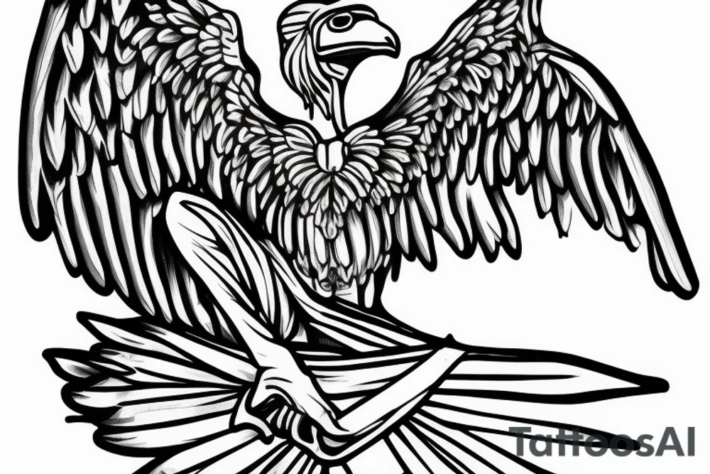 renaissance statue of David with body fused into a vulture with squared off wings, fine line, for forearm tattoo idea