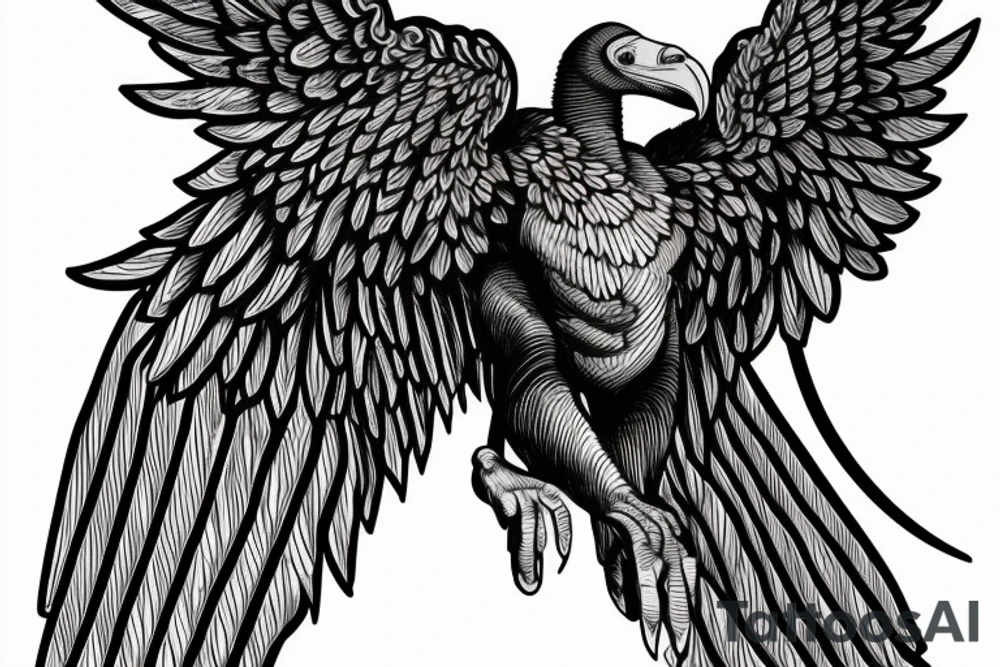 renaissance statue with body fused into a vulture with squared off wings, fine line, for forearm tattoo idea