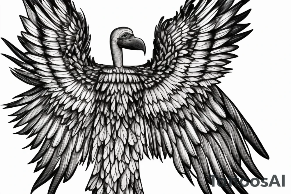 renaissance statue with body fused into a vulture with squared off wings, fine line, for forearm tattoo idea