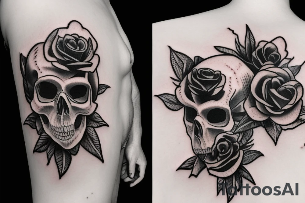skull with sharp wire and roses tattoo idea
