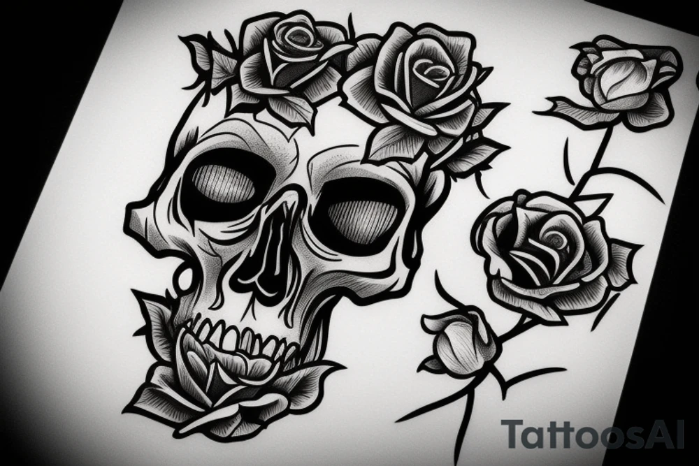 skull with sharp wire and roses tattoo idea