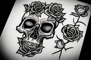 skull with sharp wire and roses tattoo idea