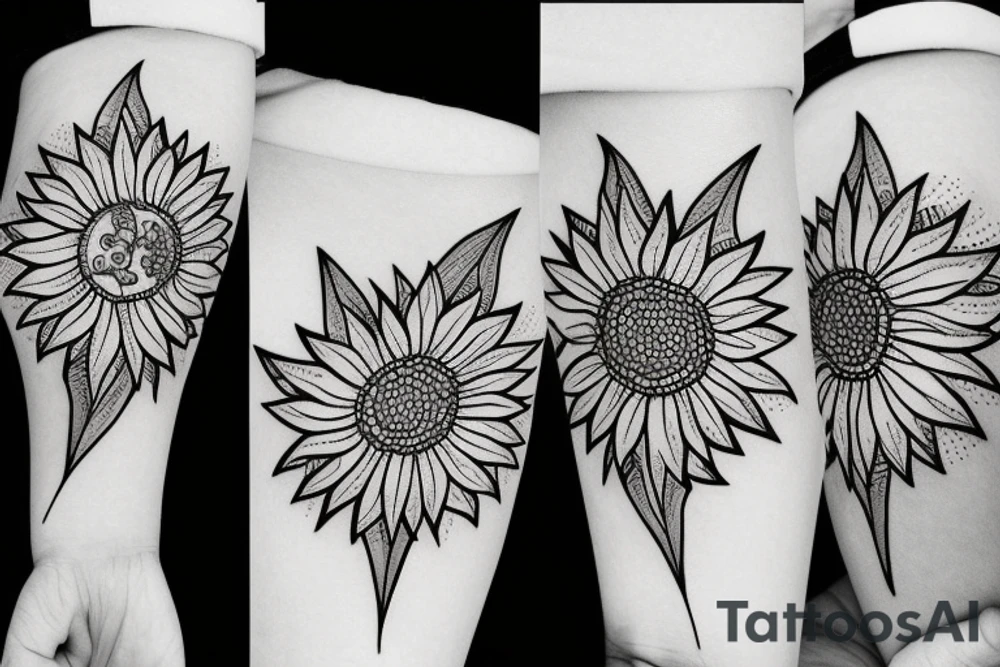 sunflower with small flowers on the sides, and a geometric pattern in the background tattoo idea