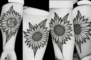 sunflower with small flowers on the sides, and a geometric pattern in the background tattoo idea
