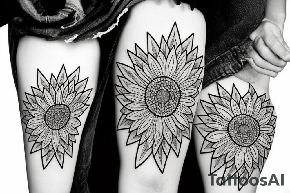 sunflower with small flowers on the sides, and a geometric pattern in the background tattoo idea
