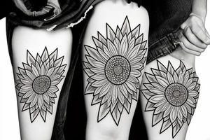 sunflower with small flowers on the sides, and a geometric pattern in the background tattoo idea