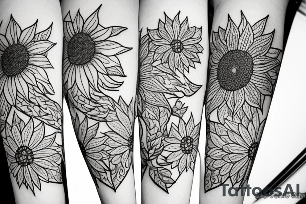 sunflower with small flowers on the sides, and a geometric pattern in the background tattoo idea
