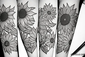 sunflower with small flowers on the sides, and a geometric pattern in the background tattoo idea