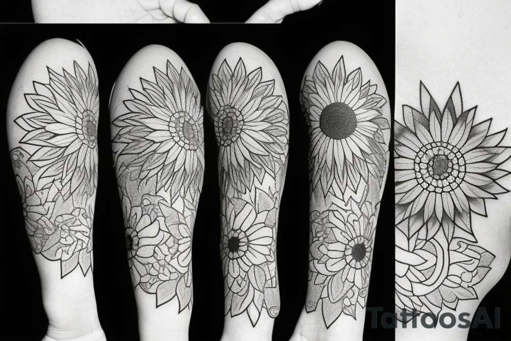 sunflower with small flowers on the sides, and a geometric pattern in the background tattoo idea