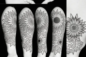 sunflower with small flowers on the sides, and a geometric pattern in the background tattoo idea