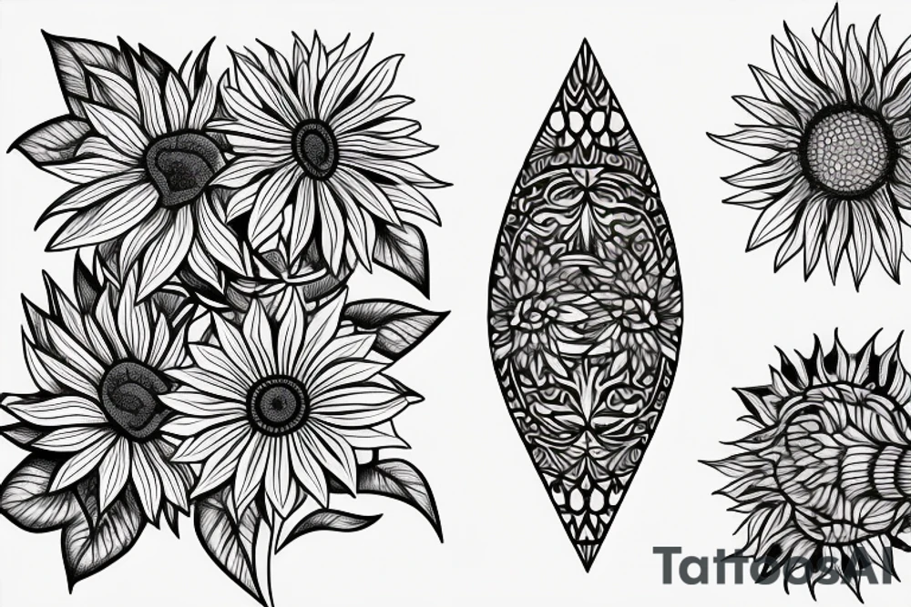 sunflower with small flowers on the sides, and a geometric pattern in the background tattoo idea