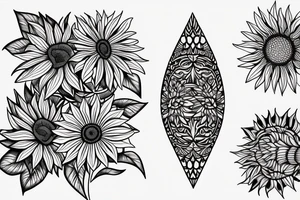 sunflower with small flowers on the sides, and a geometric pattern in the background tattoo idea