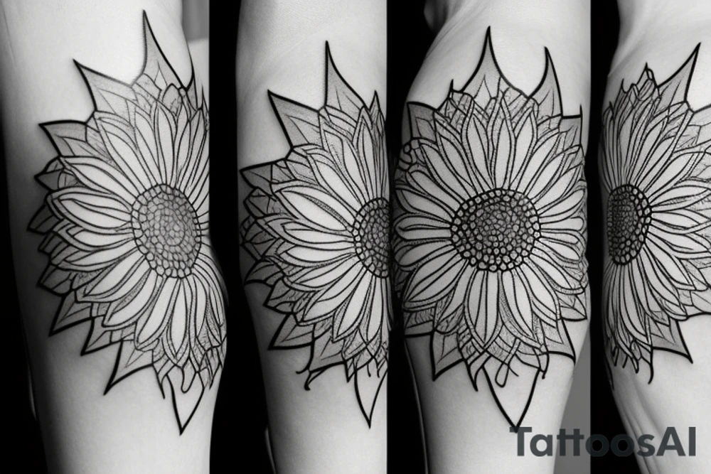 sunflower with small flowers on the sides, and a geometric pattern in the background tattoo idea