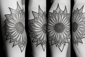 sunflower with small flowers on the sides, and a geometric pattern in the background tattoo idea