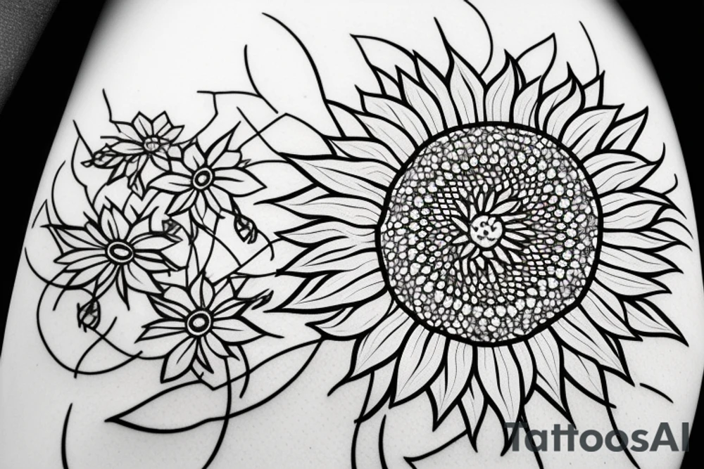 sunflower with small flowers, and a geometric pattern in the background tattoo idea sunflower with small flowers, and a geometric pattern in the background tattoo idea