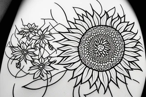 sunflower with small flowers, and a geometric pattern in the background tattoo idea