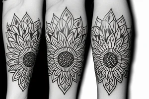 sunflower with small flowers, and a geometric pattern in the background tattoo idea