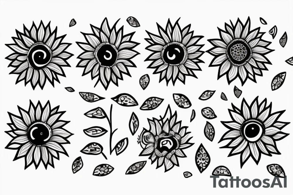 sunflower with small flowers, and a geometric pattern in the background tattoo idea
