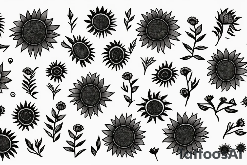 sunflower with small flowers, and a geometric pattern in the background tattoo idea
