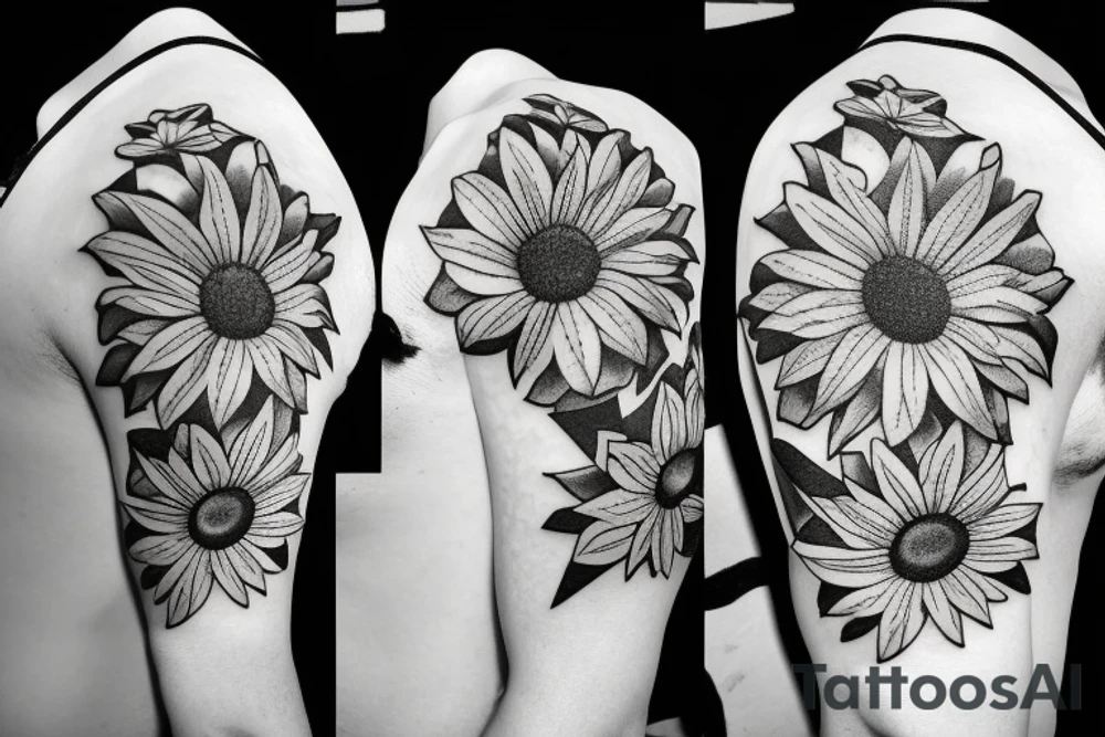 girasol con flores a los costados, y un patrón geométrico de fondo tattoo idea