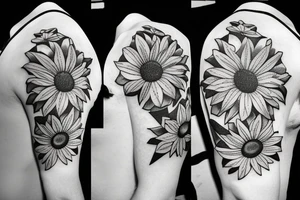 girasol con flores a los costados, y un patrón geométrico de fondo tattoo idea