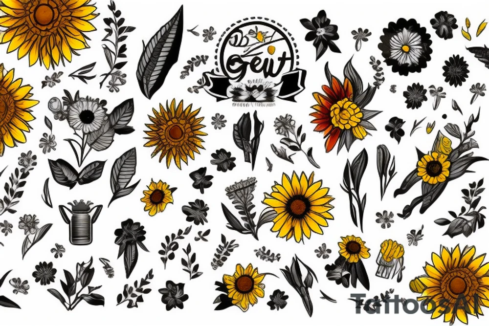 girasol con flores a los costados, y un patrón geométrico de fondo tattoo idea