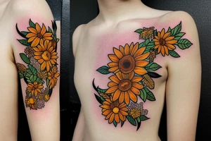 girasol con flores a los costados, y un patrón geométrico de fondo tattoo idea