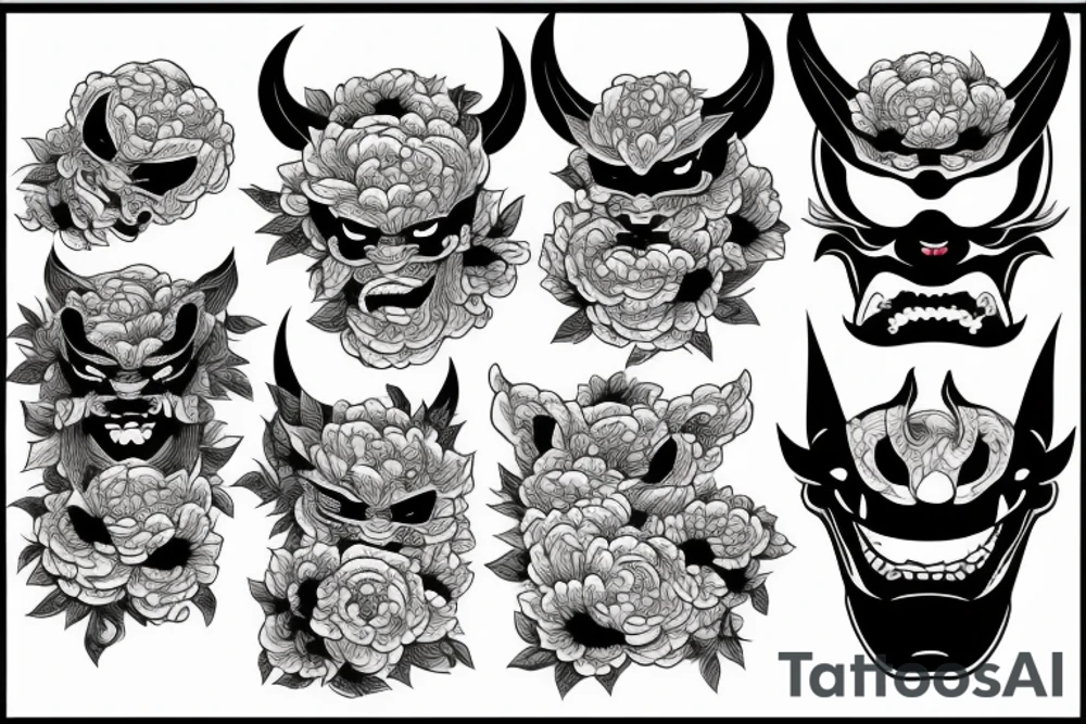 Japanese demon face with peonies tattoo idea
