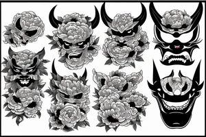 Japanese demon face with peonies tattoo idea