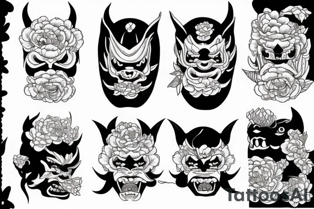 Japanese demon face with peonies tattoo idea