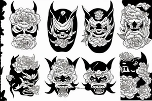 Japanese demon face with peonies tattoo idea