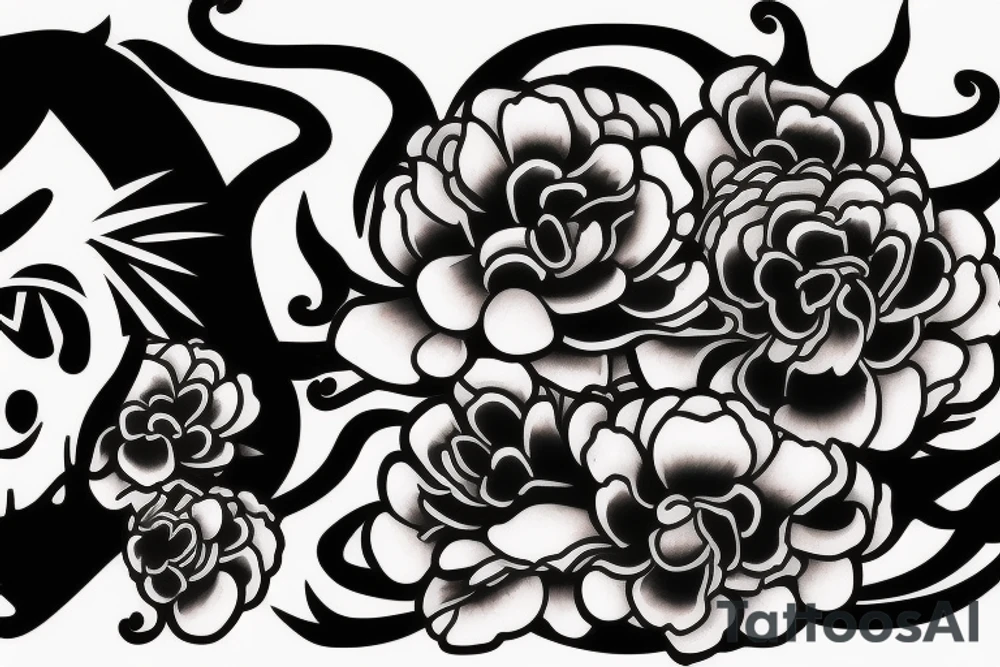 Japanese demon face with peonies tattoo idea