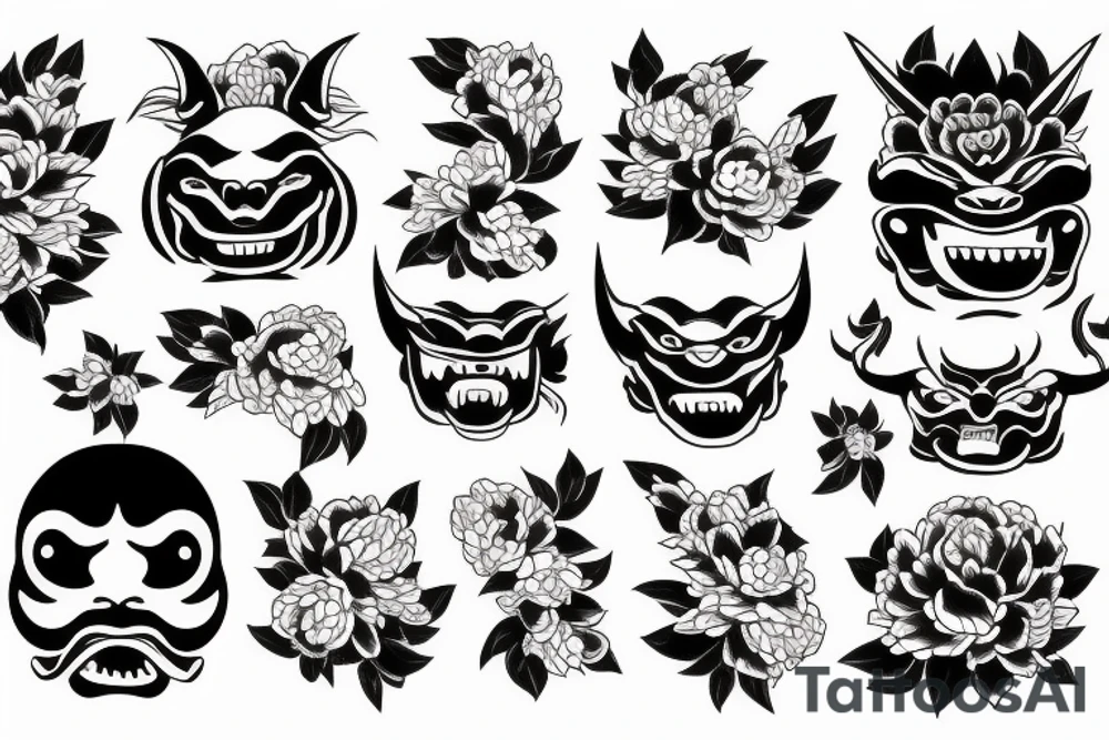 Japanese demon face with peonies tattoo idea