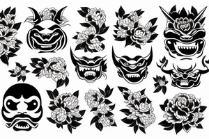 Japanese demon face with peonies tattoo idea