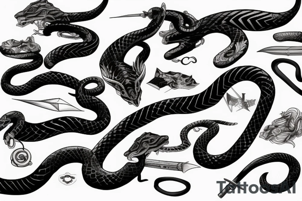 Serpent enroulé autour d’un katana tattoo idea