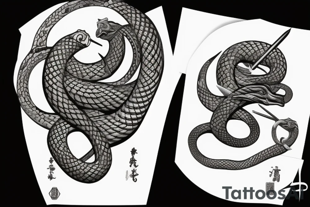 Serpent enroulé autour d’un katana avant bras tattoo idea